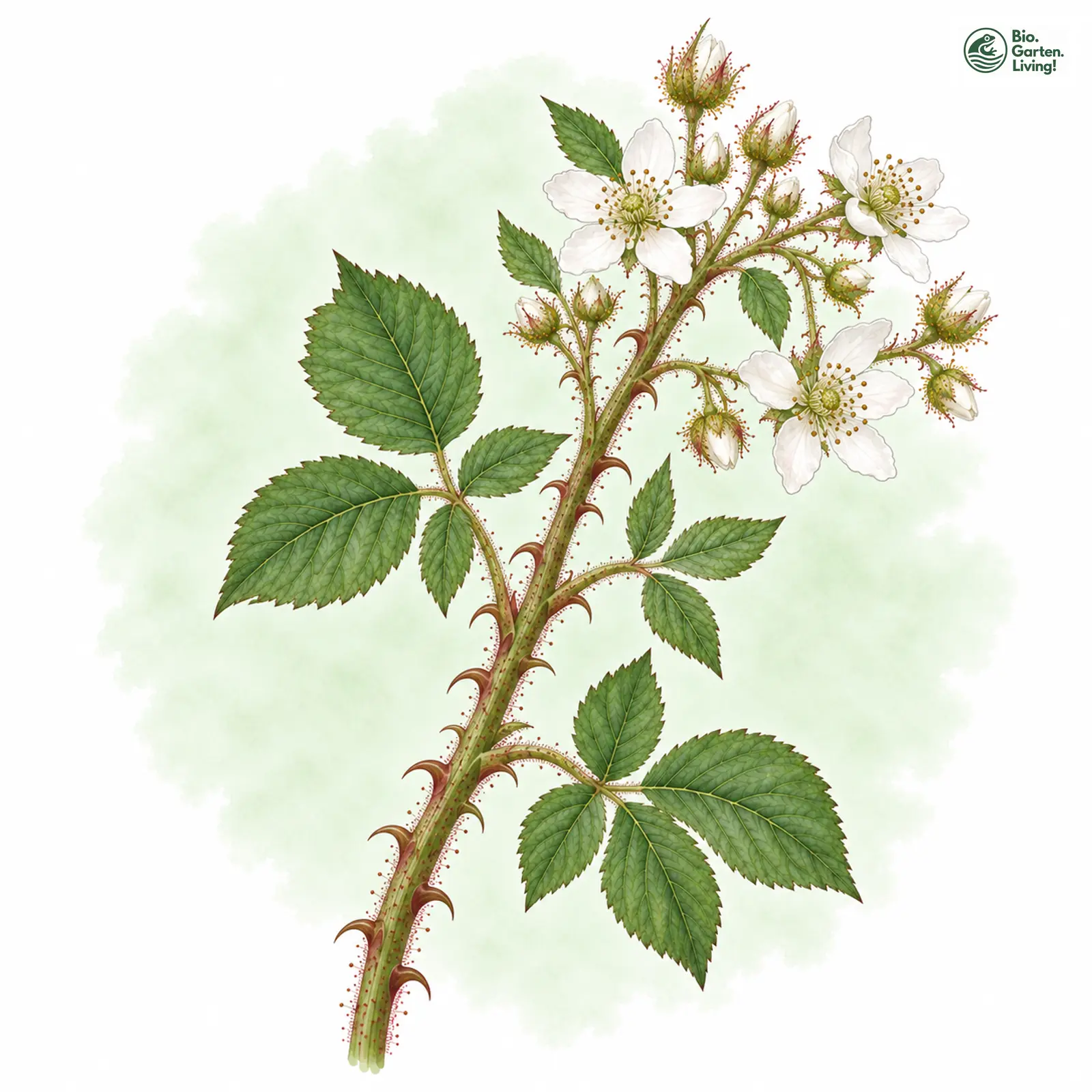 Aquarellzeichnung: Igelkelchige Haselblatt-Brombeere (Rubus echinosepalus)