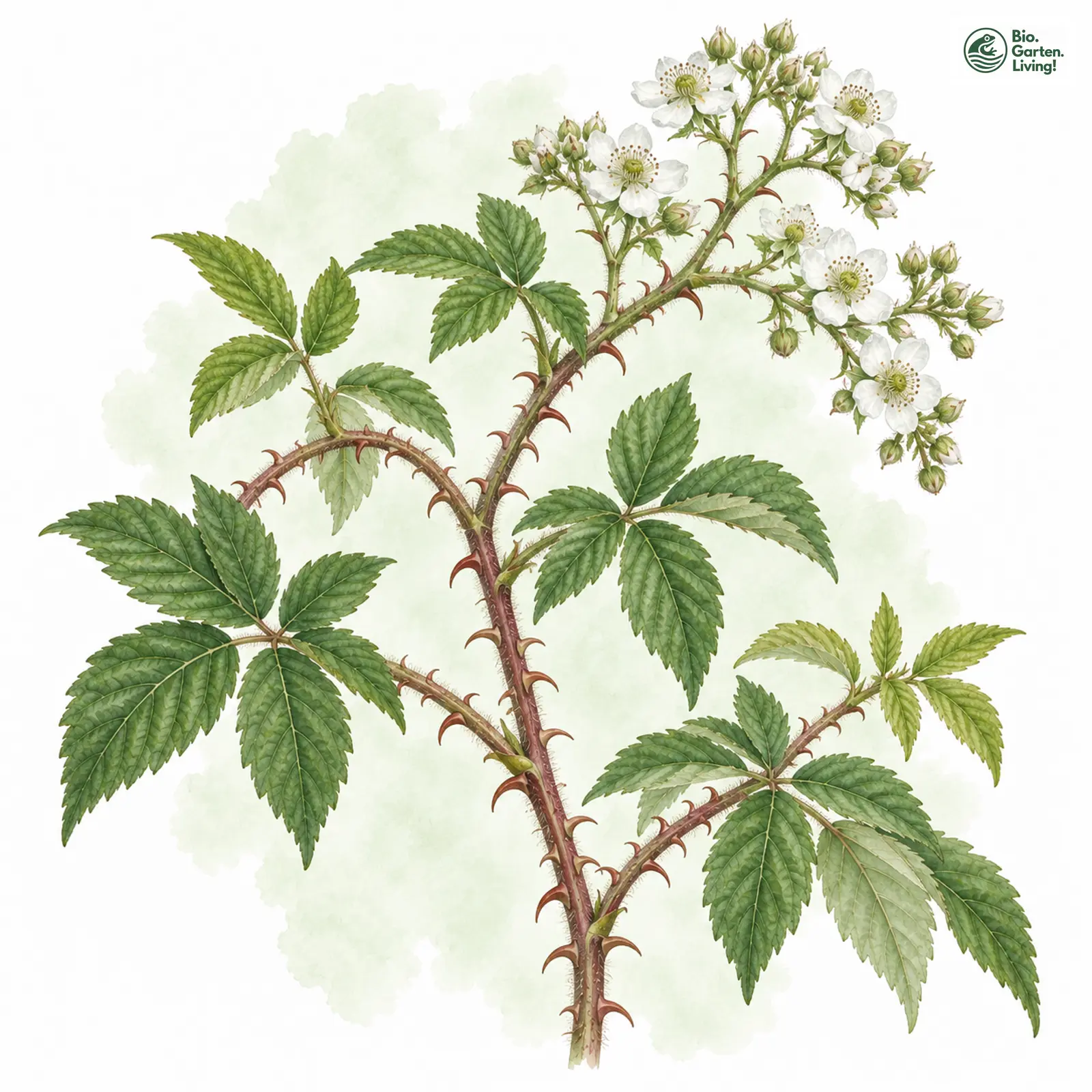 Aquarellzeichnung: Edees-Brombeere (Rubus edeesii)