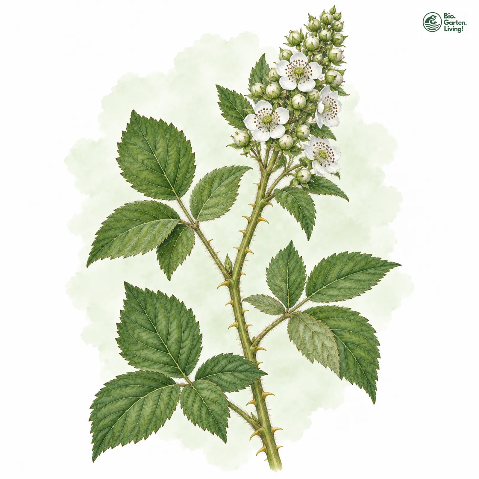 Aquarellzeichnung: Ehrnsbergers Haselblattbrombeere (Rubus ehrnsbergeri)