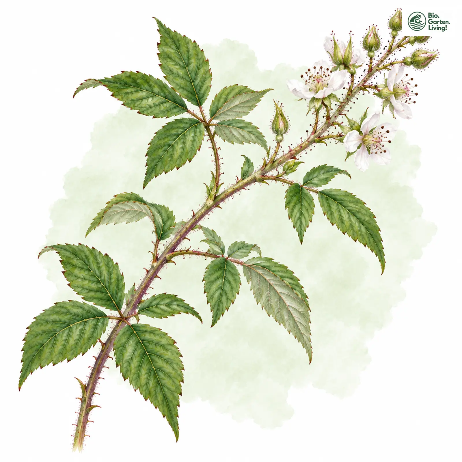 Aquarellzeichnung: Vielschwänzige Brombeere (Rubus elegans)
