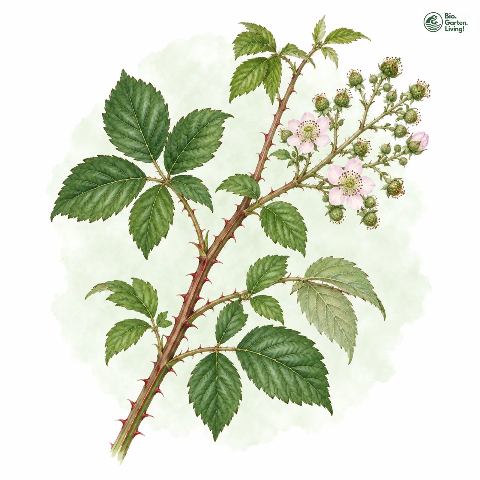 Aquarellzeichnung: Schlankstachlige Brombeere (Rubus elegantispinosus)