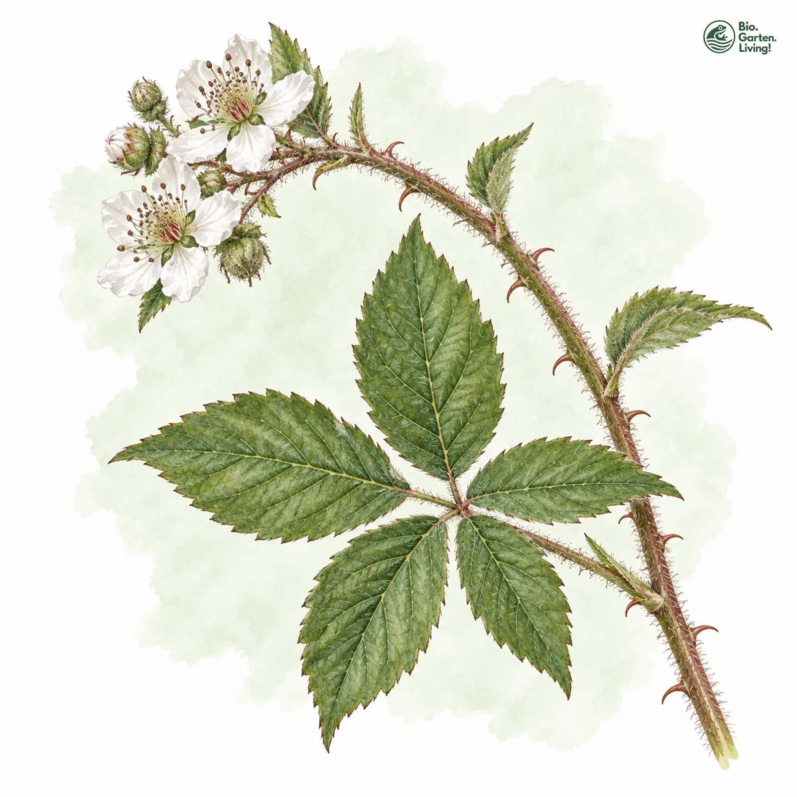 Aquarellzeichnung: Errötende Brombeere (Rubus erubescens)