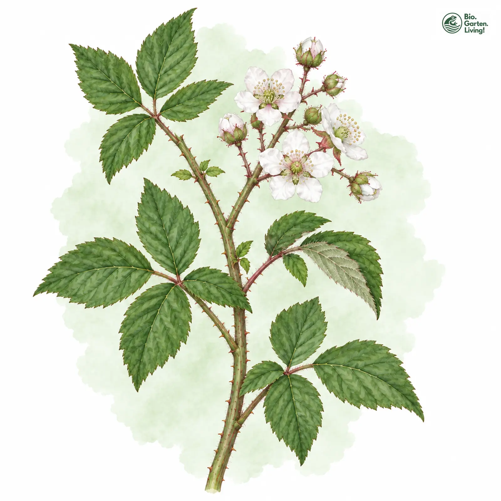 Aquarellzeichnung: Rotschopf-Brombeere (Rubus erythrocomos)