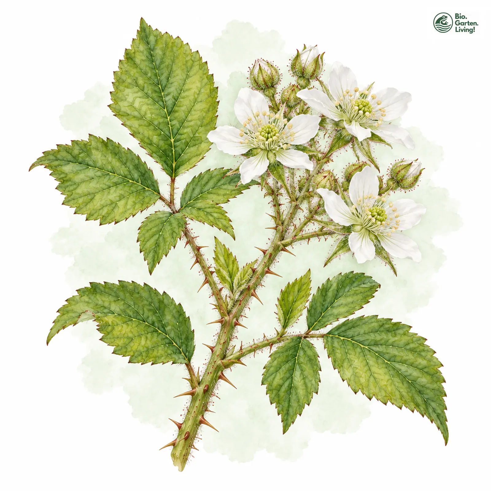 Aquarellzeichnung: Weitblütige Brombeere (Rubus euryanthemus)