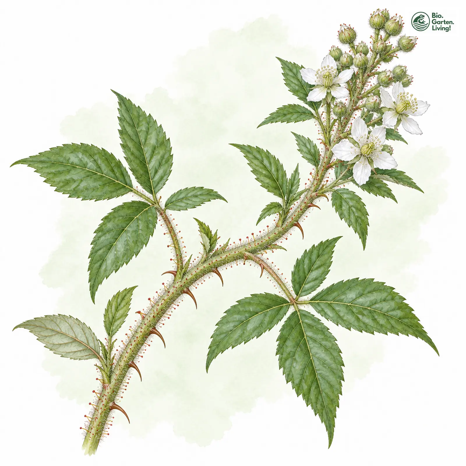 Aquarellzeichnung: Entwaffnete Brombeere (Rubus exarmatus)