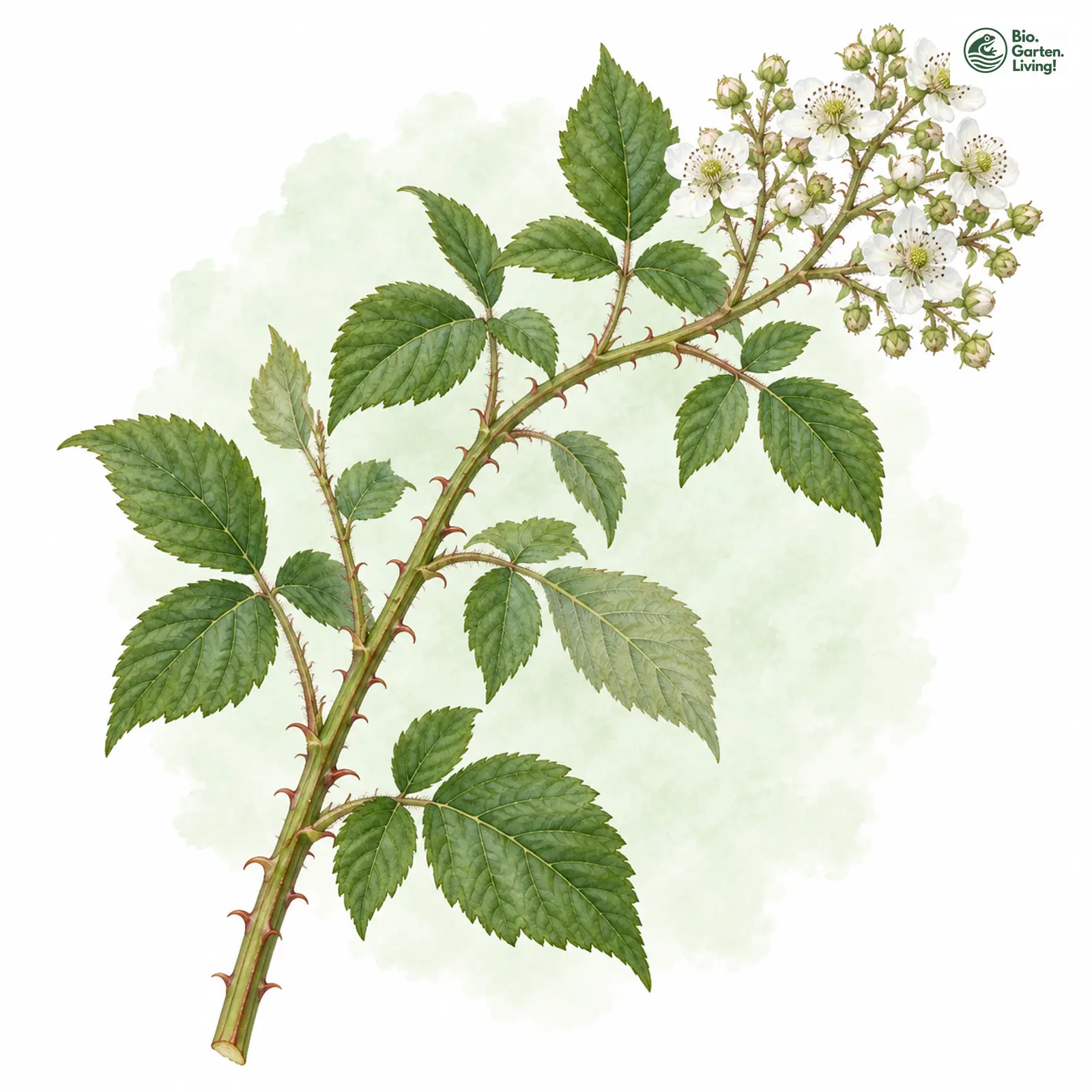 Aquarellzeichnung: Ragende Haselblatt-Brombeere (Rubus exstans)