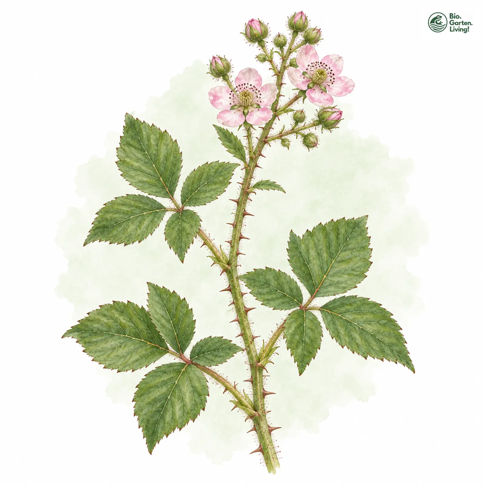 Aquarellzeichnung: Schmiedeberger Haselblatt-Brombeere (Rubus fabrimontanus)