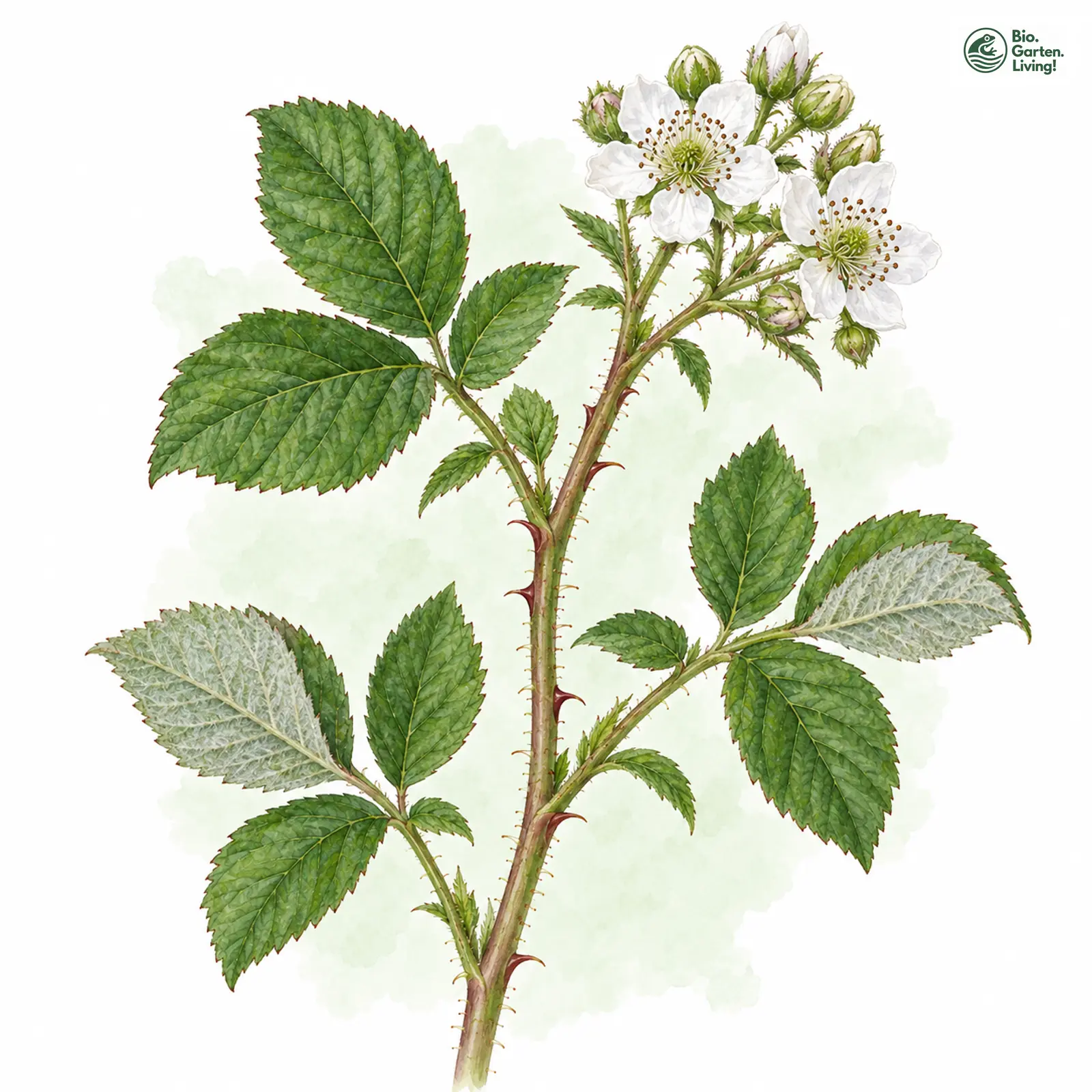 Aquarellzeichnung: Falsche Büschelblütige Haselblatt-Brombeere (Rubus fasciculatiformis)