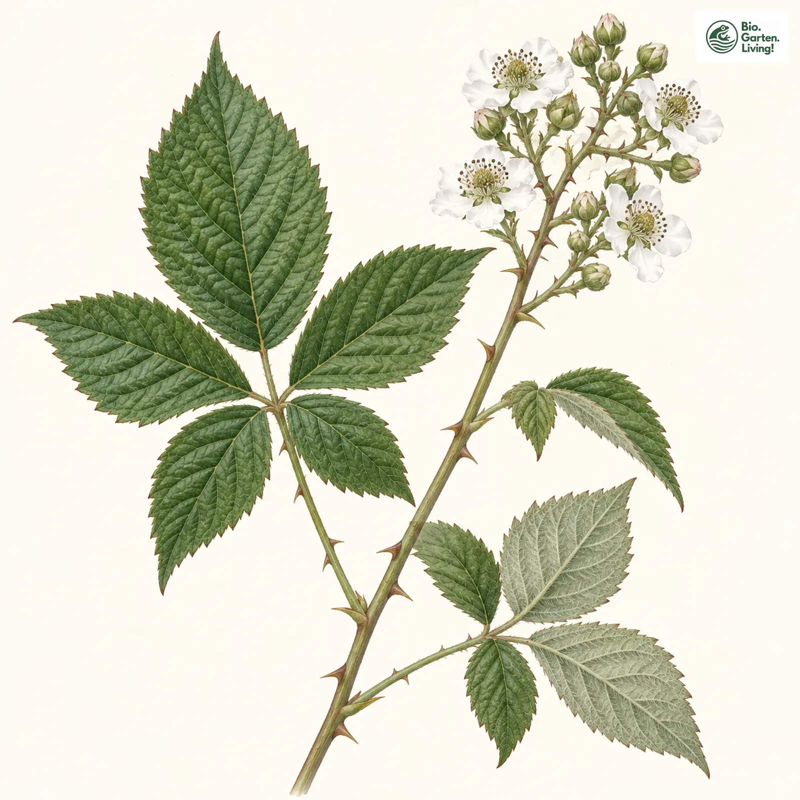 Aquarellzeichnung: Büschelblütige Haselblatt-Brombeere (Rubus fasciculatus)