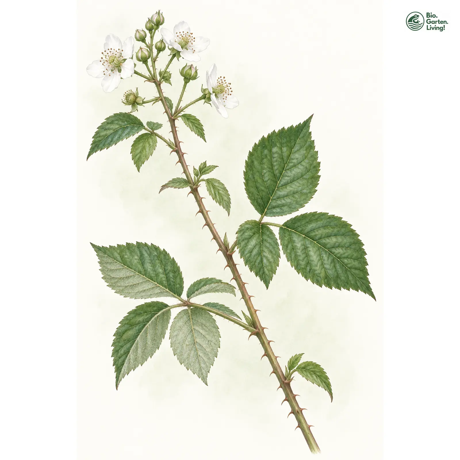Aquarellzeichnung: Fünen-Haselblatt-Brombeere (Rubus fioniae)