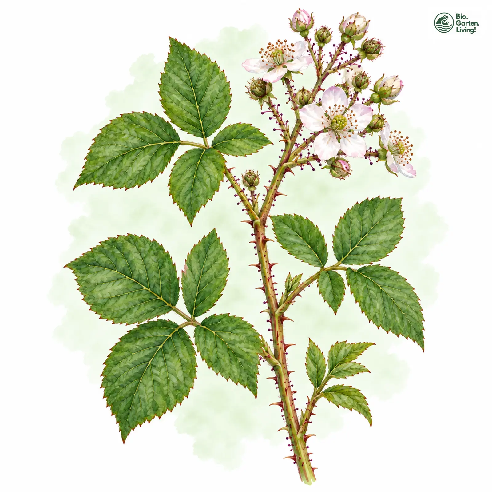 Aquarellzeichnung: Violettdrüsige Haselblatt-Brombeere (Rubus firmus)