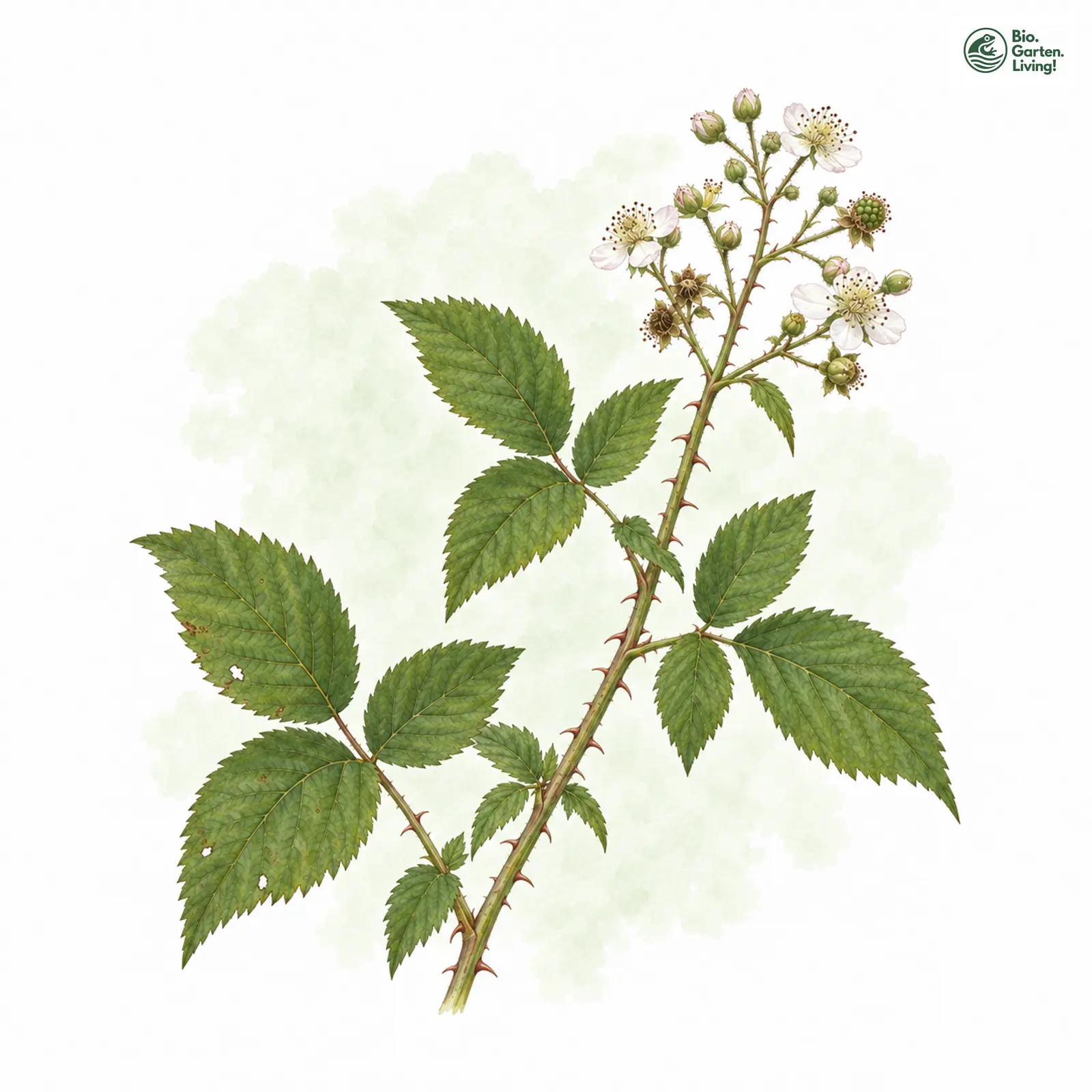 Aquarellzeichnung: Foersters Haselblattbrombeere (Rubus foersteri)