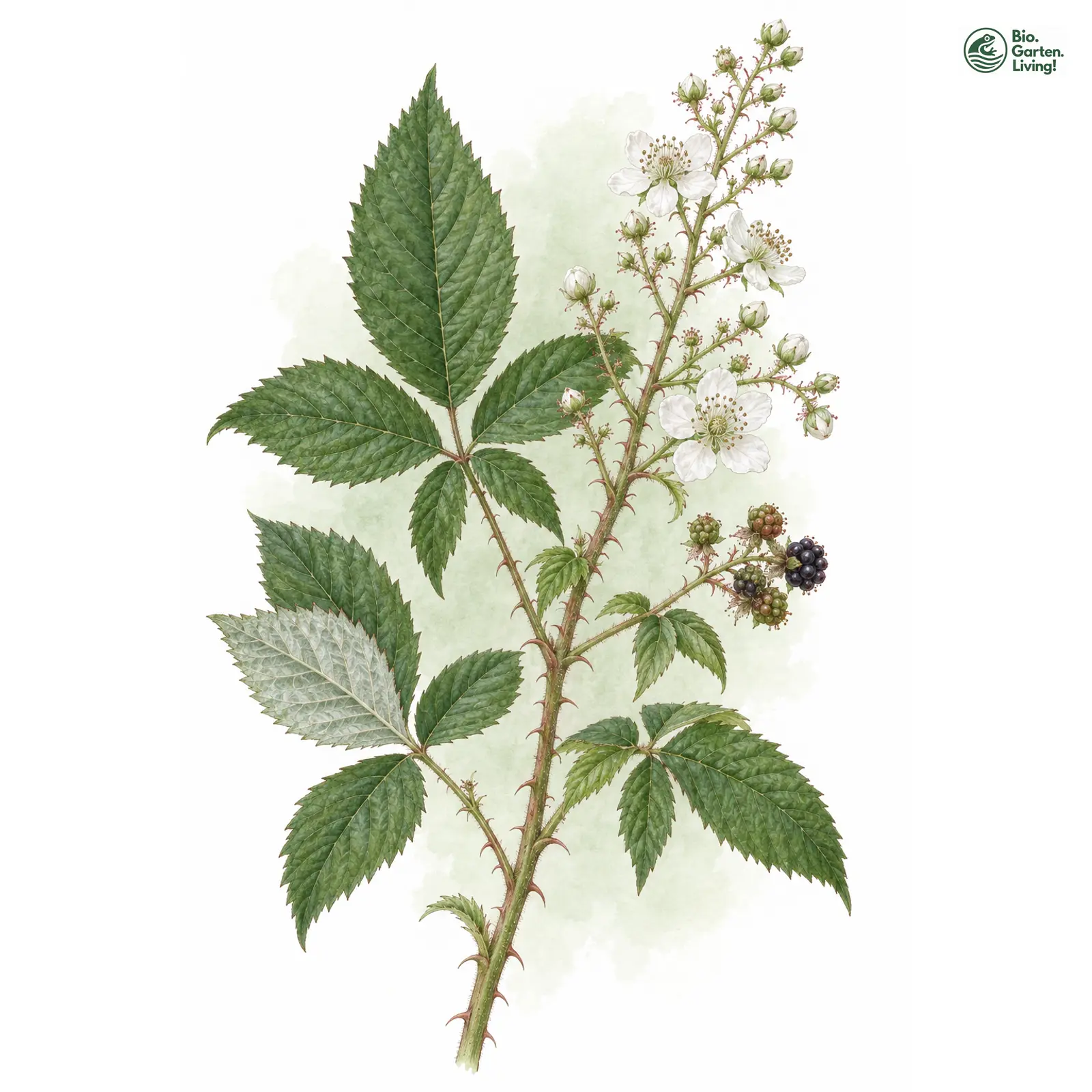 Aquarellzeichnung: Gelert-Brombeere (Rubus gelertii)