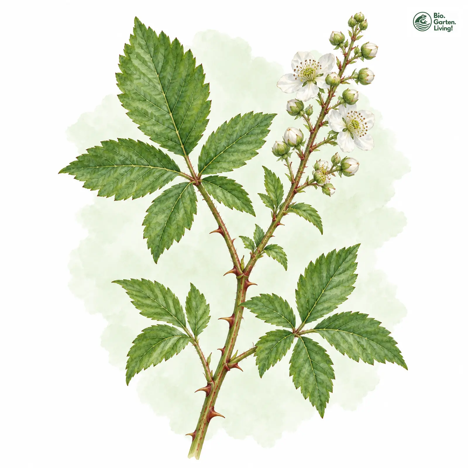 Aquarellzeichnung: Zwillings-Brombeere (Rubus geminatus)