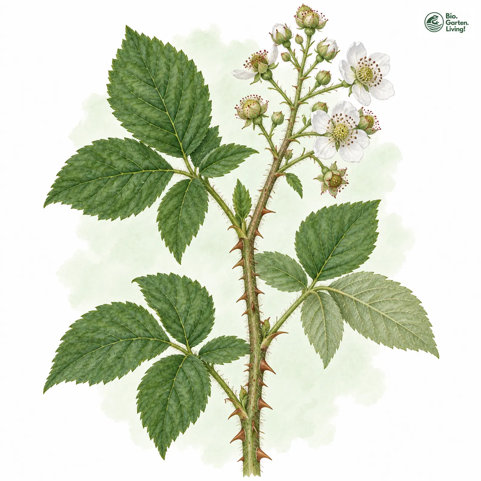 Aquarellzeichnung: Drüsenkelchige Brombeere (Rubus glandisepalus)