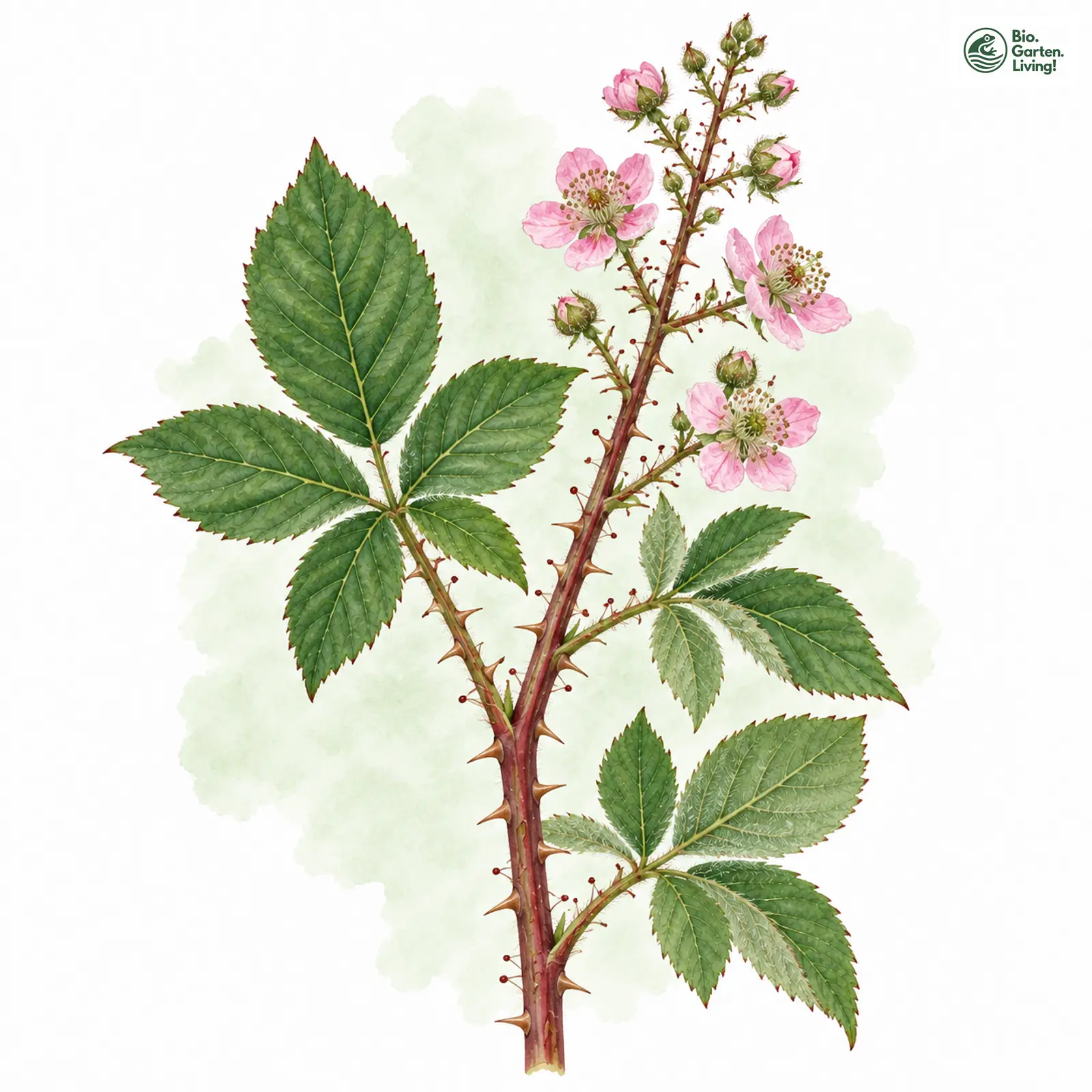Aquarellzeichnung: Drüsensträußige Brombeere (Rubus glandithyrsos)
