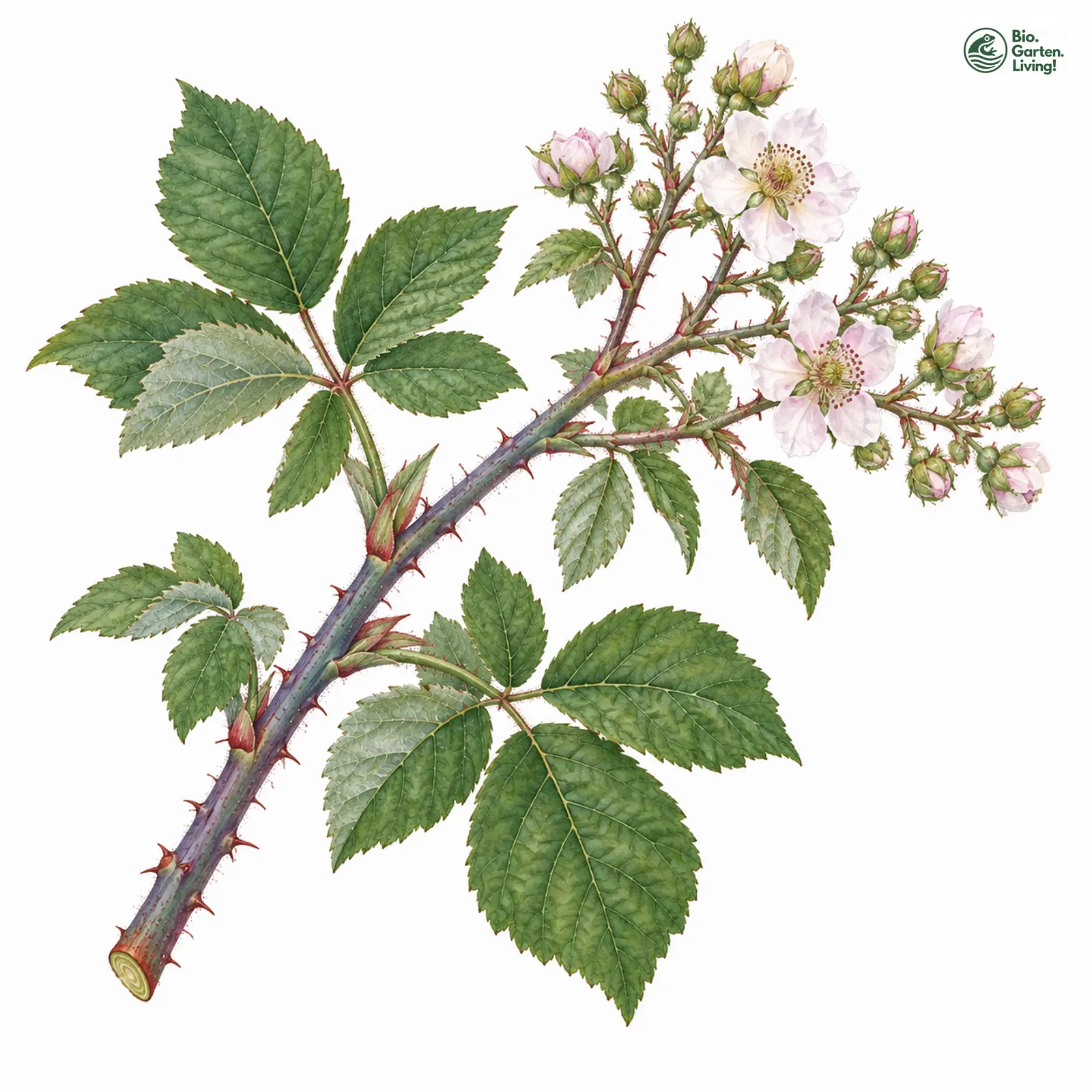 Aquarellzeichnung: Blaugrüne Haselblatt-Brombeere (Rubus glauciformis)