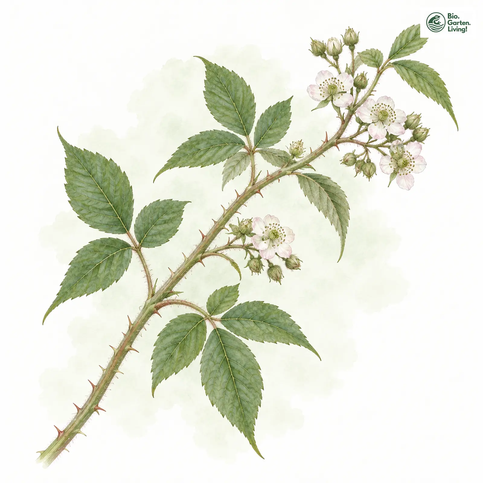 Aquarellzeichnung: Blaugrüne Brombeere (Rubus glaucovirens)