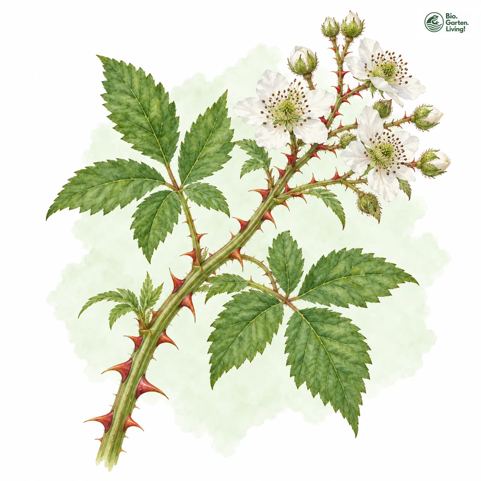 Aquarellzeichnung: Winkel-Brombeere (Rubus goniophorus)