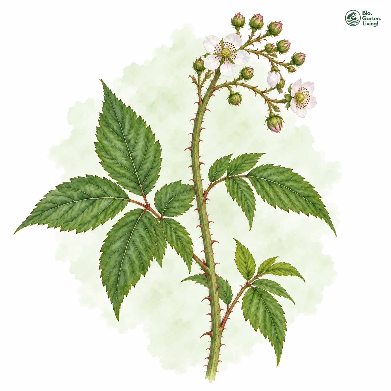 Aquarellzeichnung: Gremli-Brombeere (Rubus gremlii)