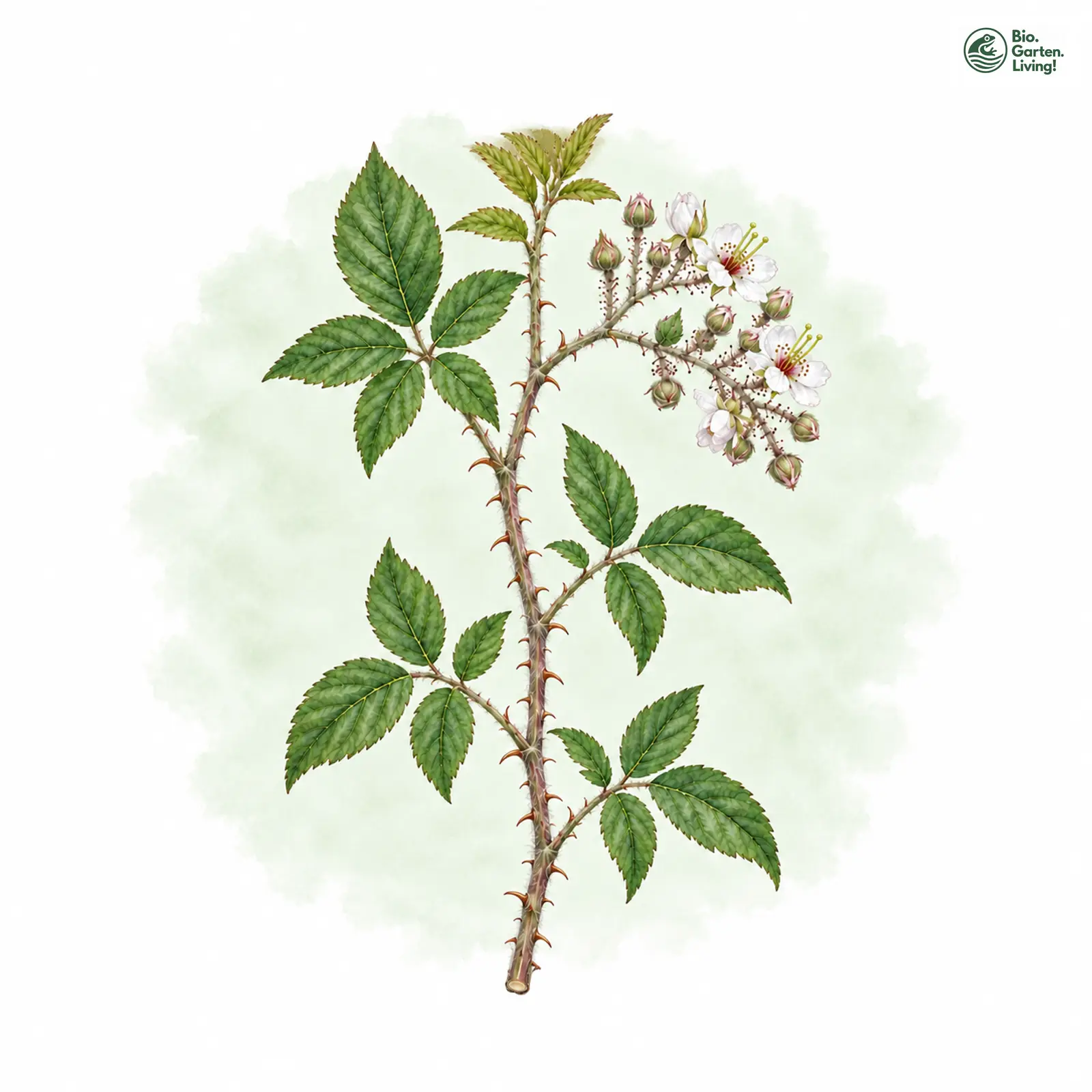 Aquarellzeichnung: Günther-Brombeere (Rubus guentheri)