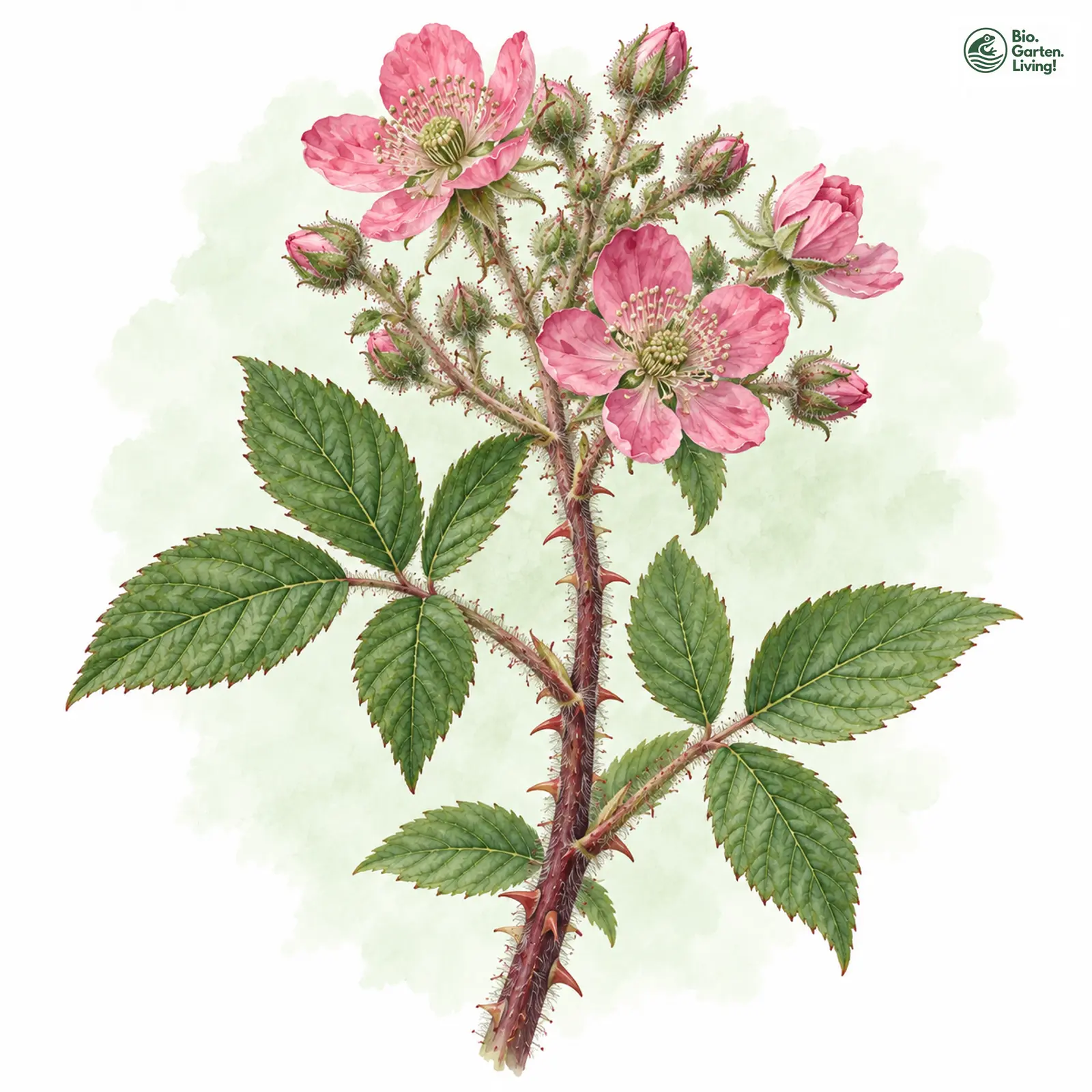 Aquarellzeichnung: Westfälische Brombeere (Rubus guestphalicus)