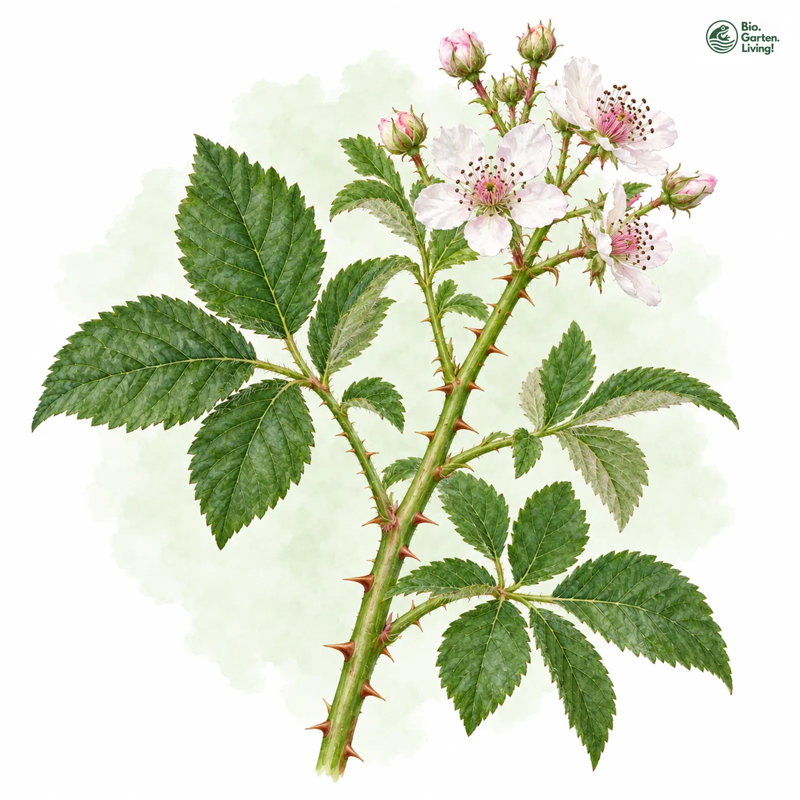 Aquarellzeichnung: Dickstachlige Haselblatt-Brombeere (Rubus hadracanthos)