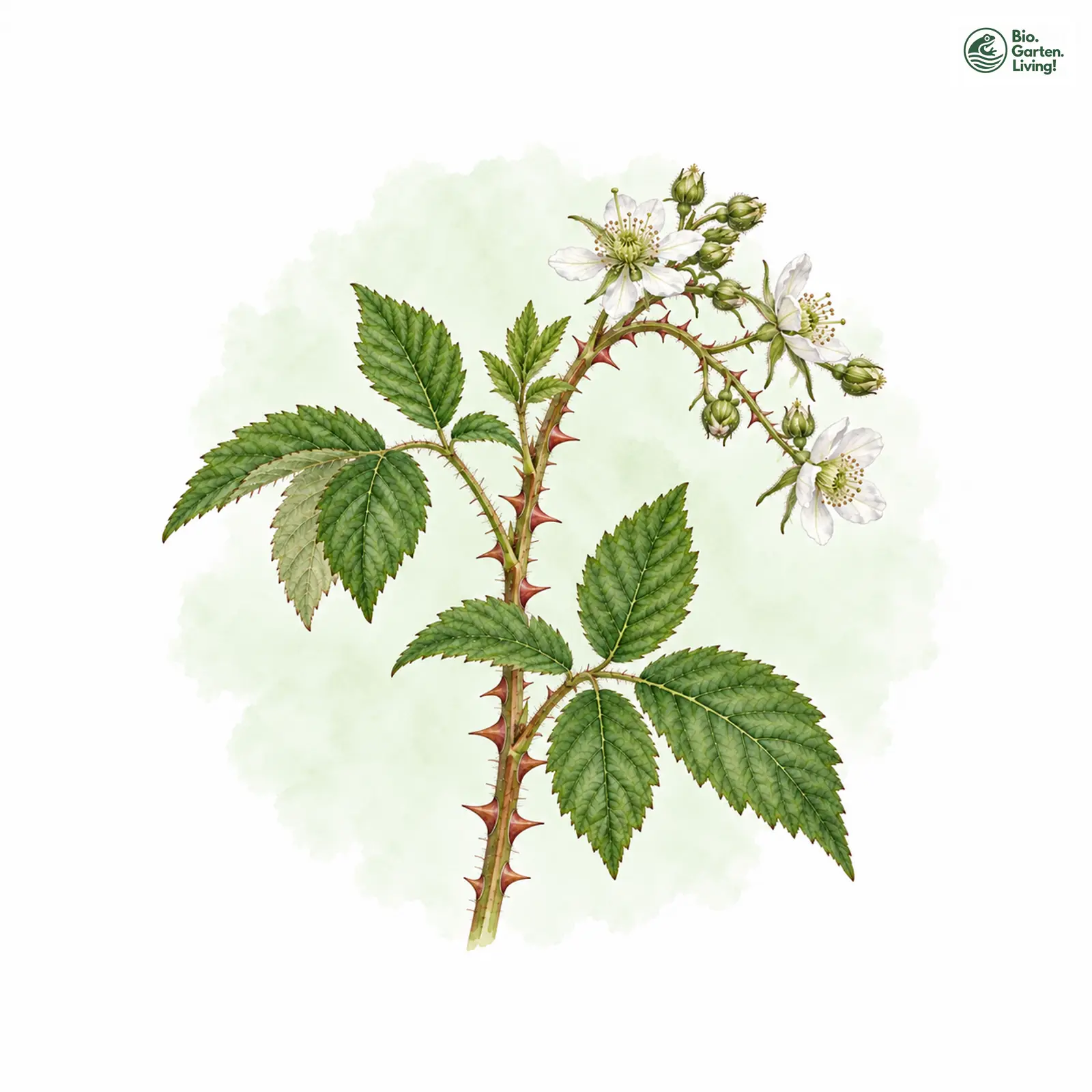 Aquarellzeichnung: Halland-Haselblatt-Brombeere (Rubus hallandicus)