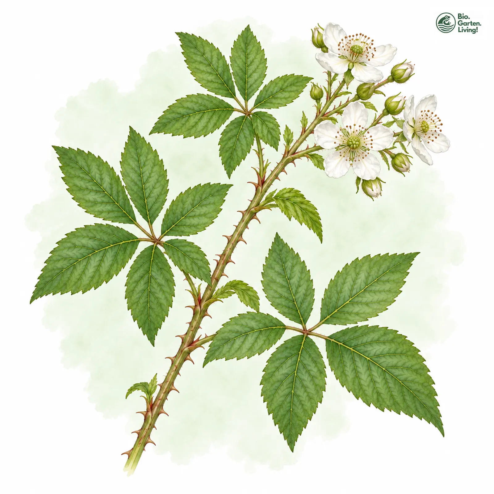 Aquarellzeichnung: Weber-Brombeere (Rubus henrici-weberi)