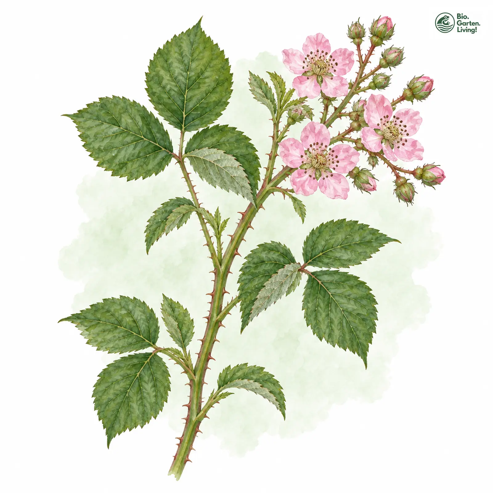 Aquarellzeichnung: Heveller- Haselblatt-Brombeere (Rubus hevellicus)