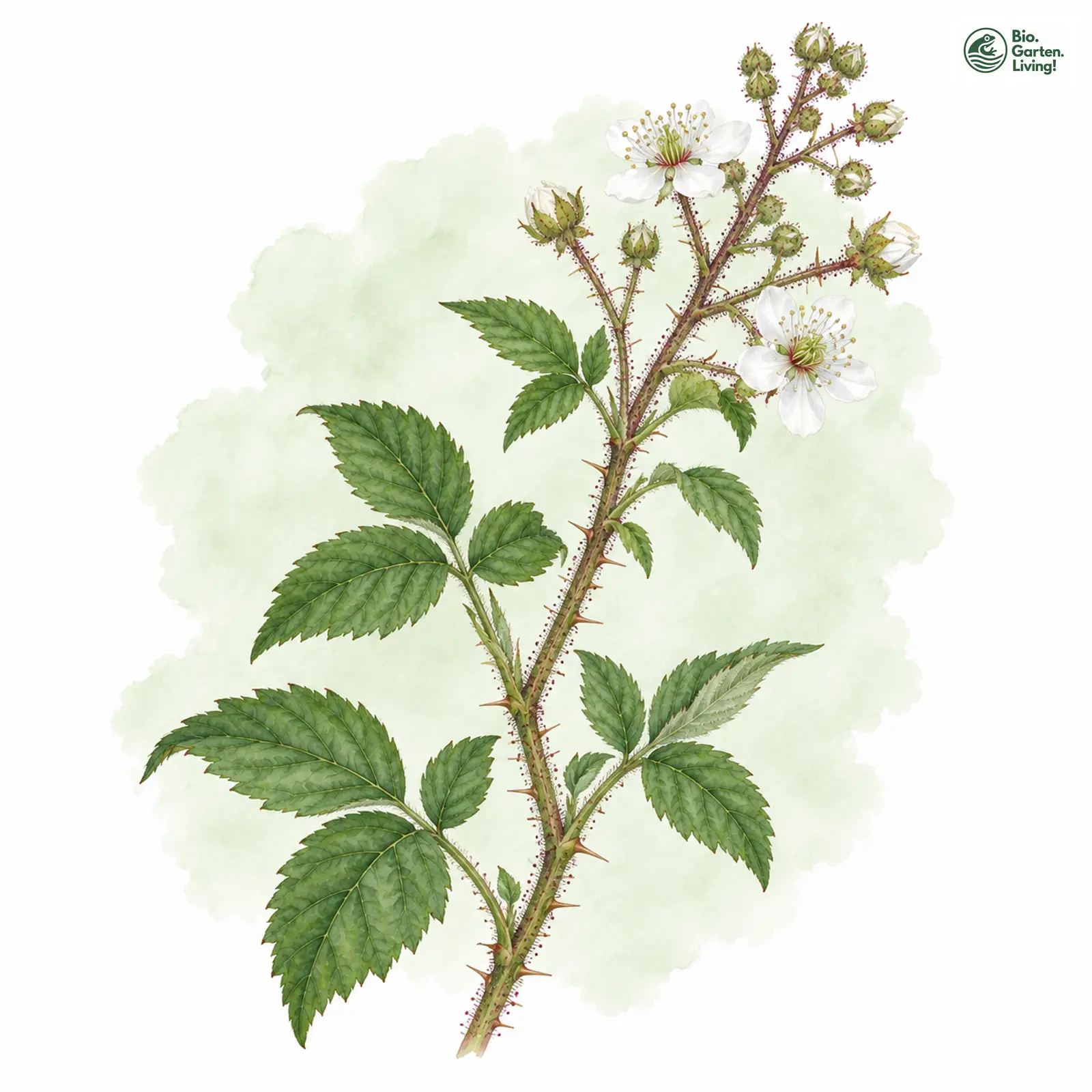 Aquarellzeichnung: Hils-Brombeere (Rubus hilsianus)