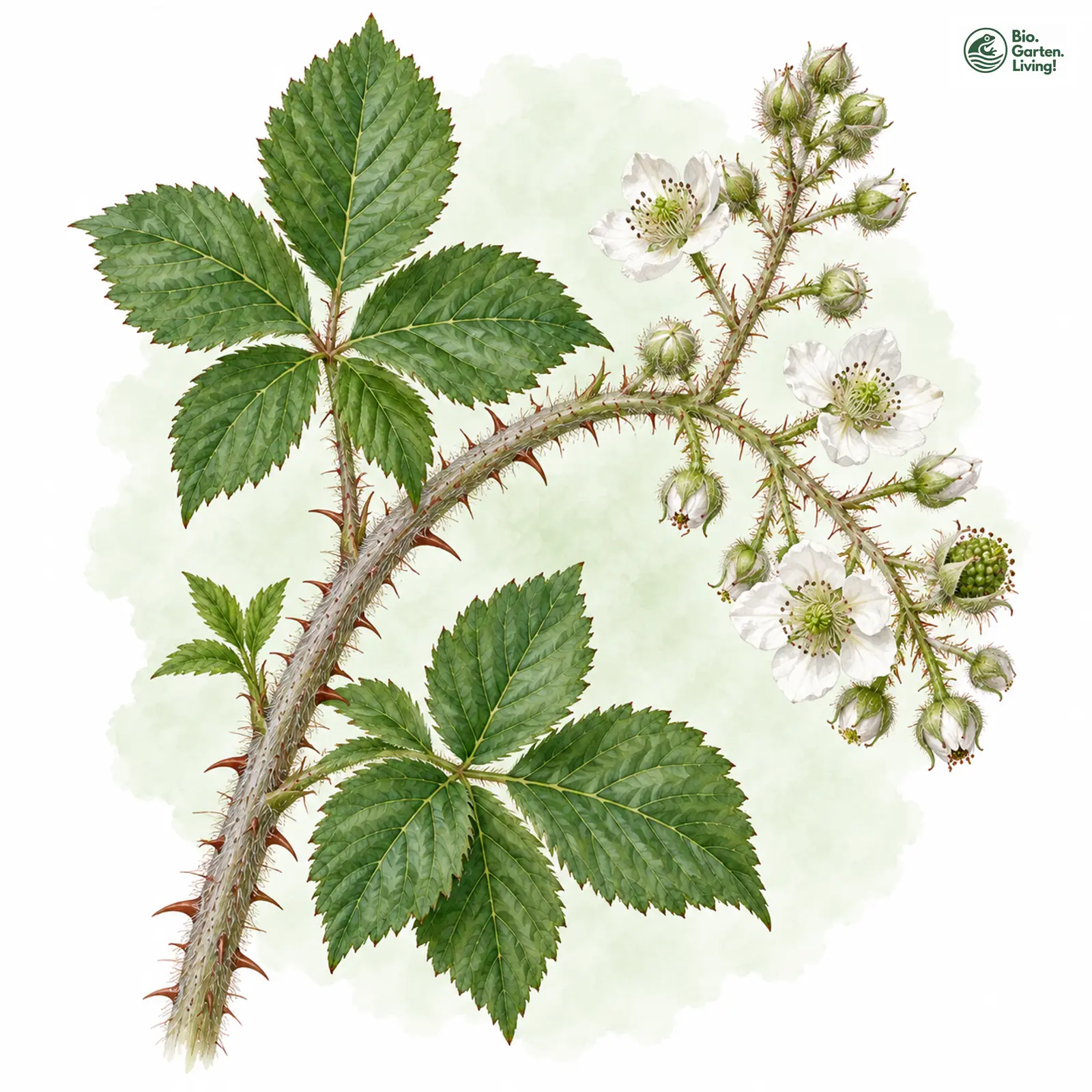 Aquarellzeichnung: Rauhaarigere Brombeere (Rubus hirsutior)
