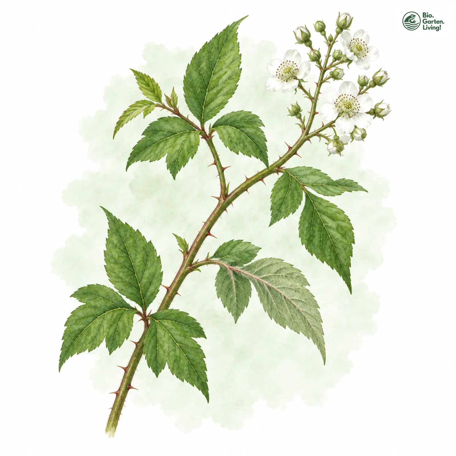Aquarellzeichnung: Stachelschweinchen-Haselblatt-Brombeere (Rubus histriculus)