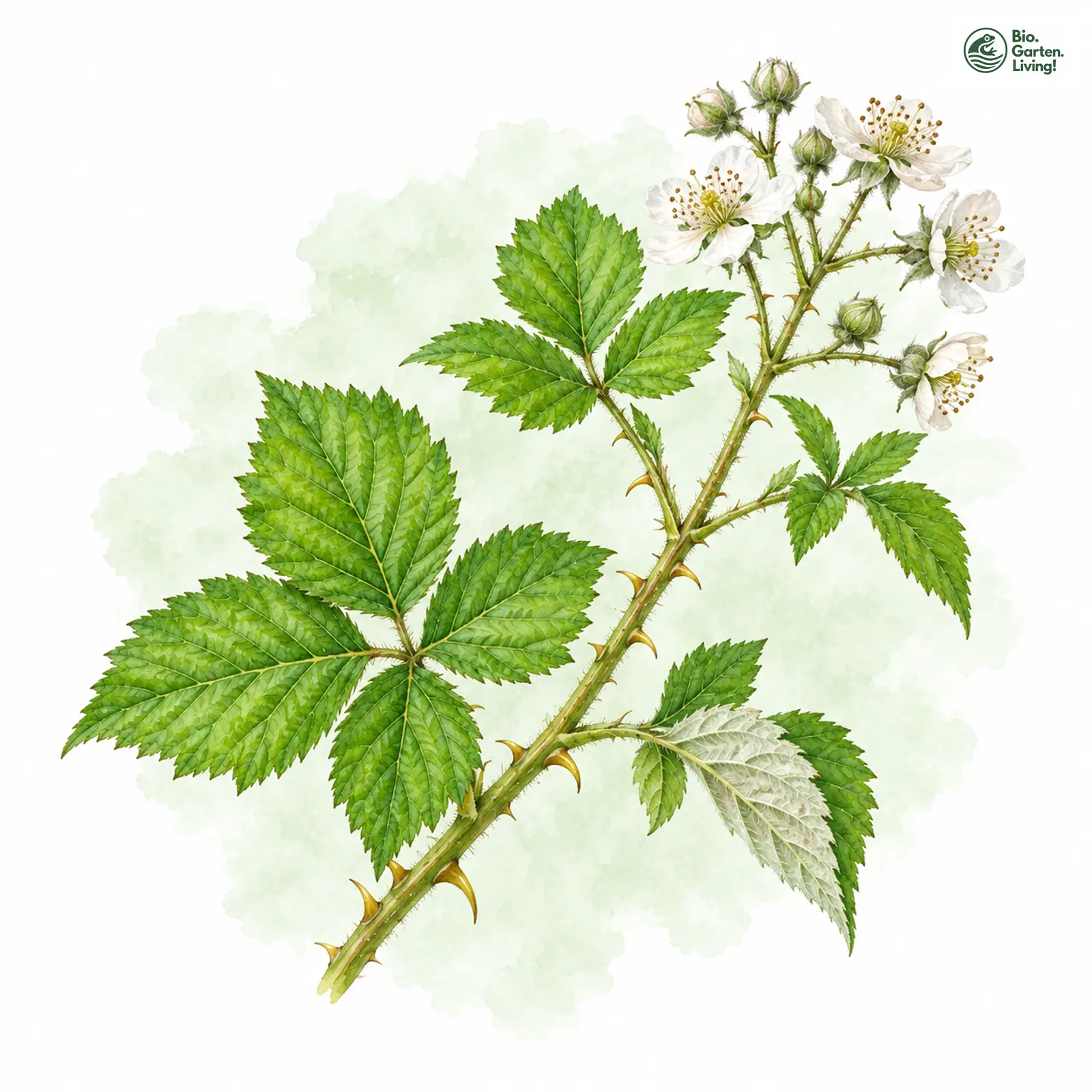 Aquarellzeichnung: Schauspieler-Haselblatt-Brombeere (Rubus histrionicus)
