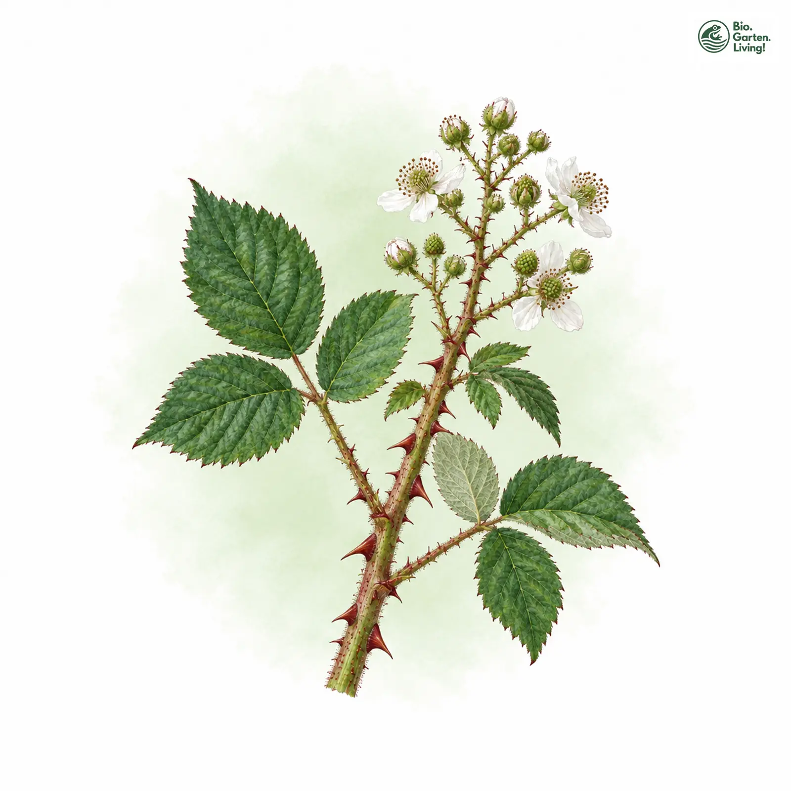 Aquarellzeichnung: Höckerige Haselblattbrombeere (Rubus horrefactus)