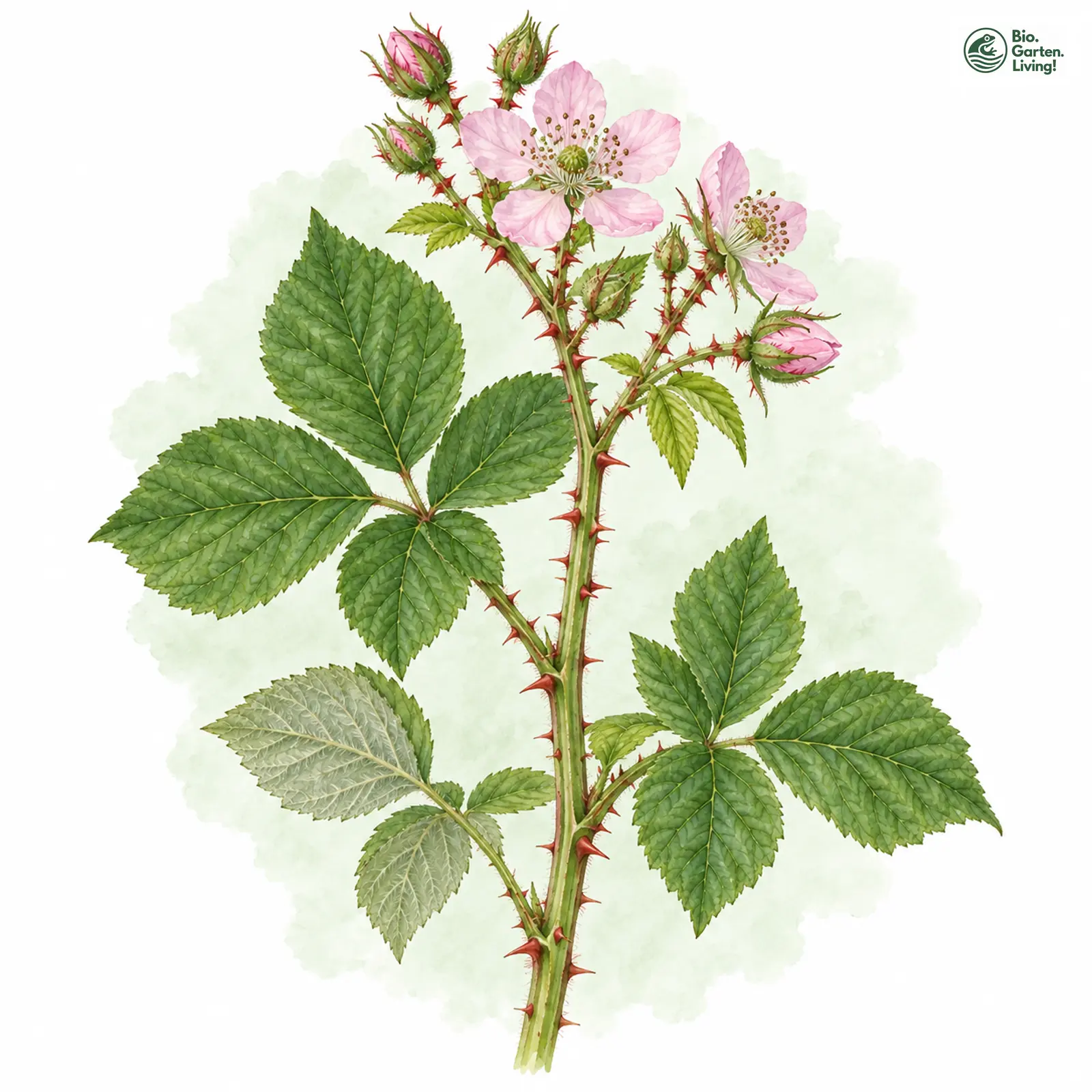Aquarellzeichnung: Schreckliche Haselblatt-Brombeere (Rubus horridus)