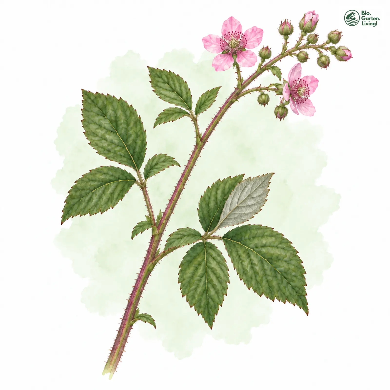 Aquarellzeichnung: Rotmännige Brombeere (Rubus hostilis)