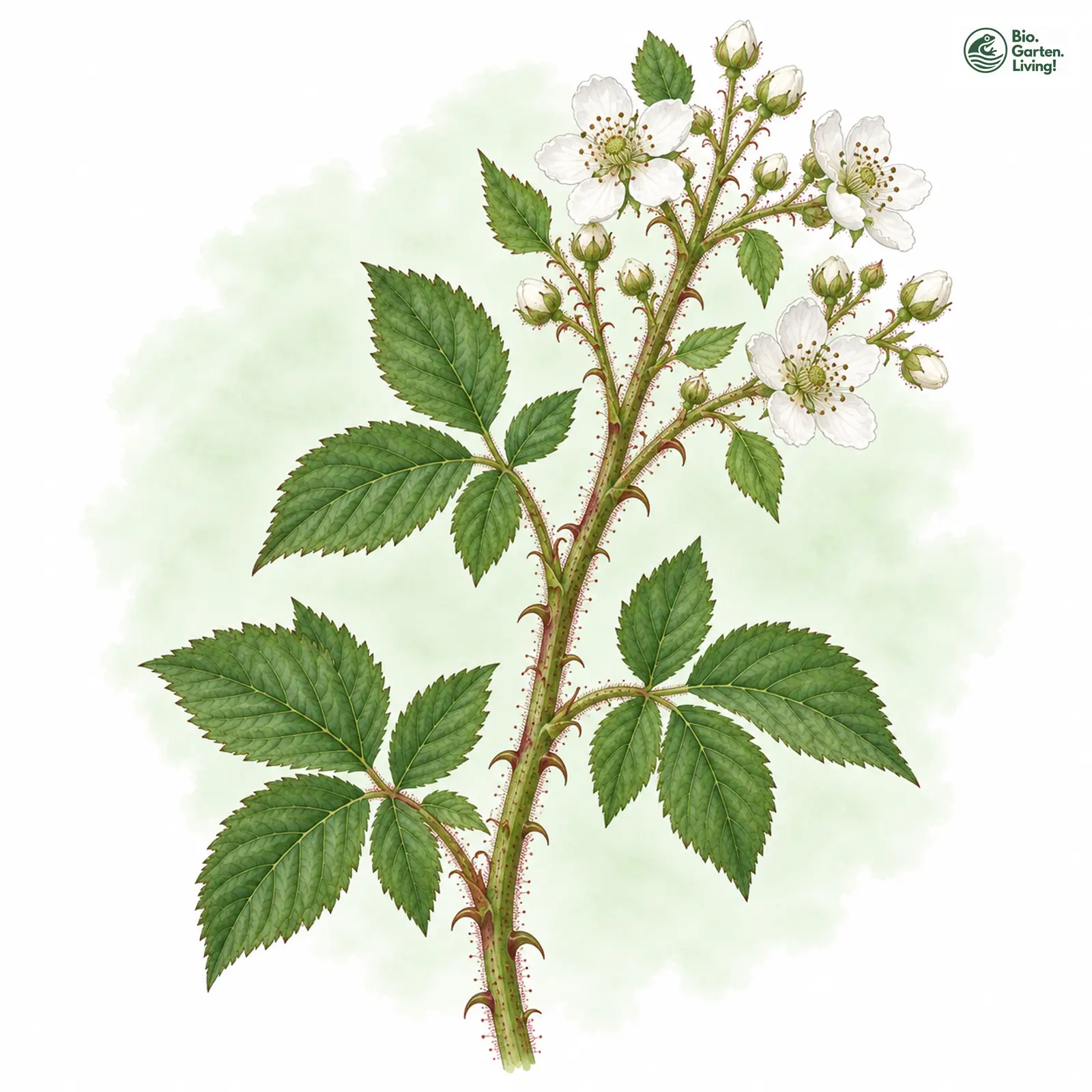 Aquarellzeichnung: Hylander-Haselblatt-Brombeere (Rubus hylanderi)