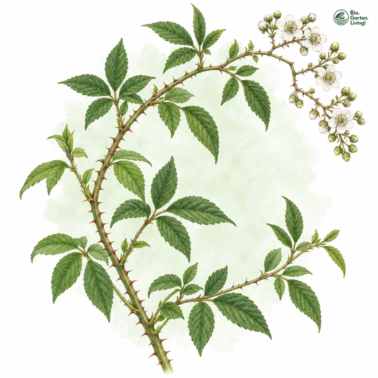 Aquarellzeichnung: Stachelschwein- Haselblatt-Brombeere (Rubus hystricopsis)