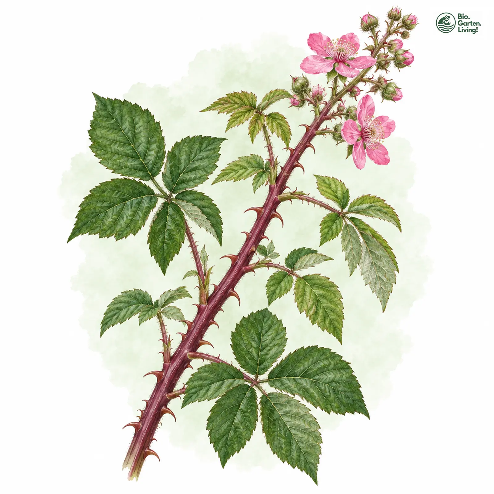 Aquarellzeichnung: Knochen-Brombeere (Rubus incarnatus)
