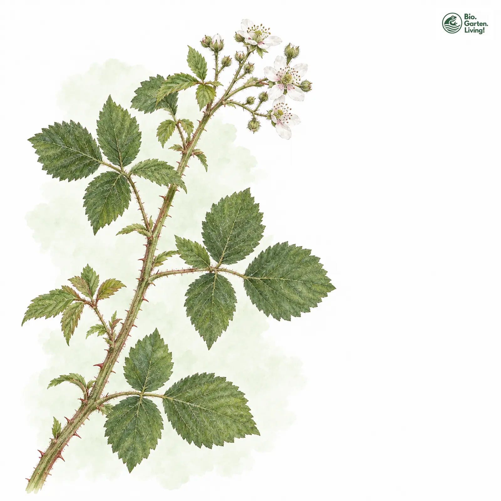 Aquarellzeichnung: Eingeschnittenere Haselblatt-Brombeere (Rubus incisior)