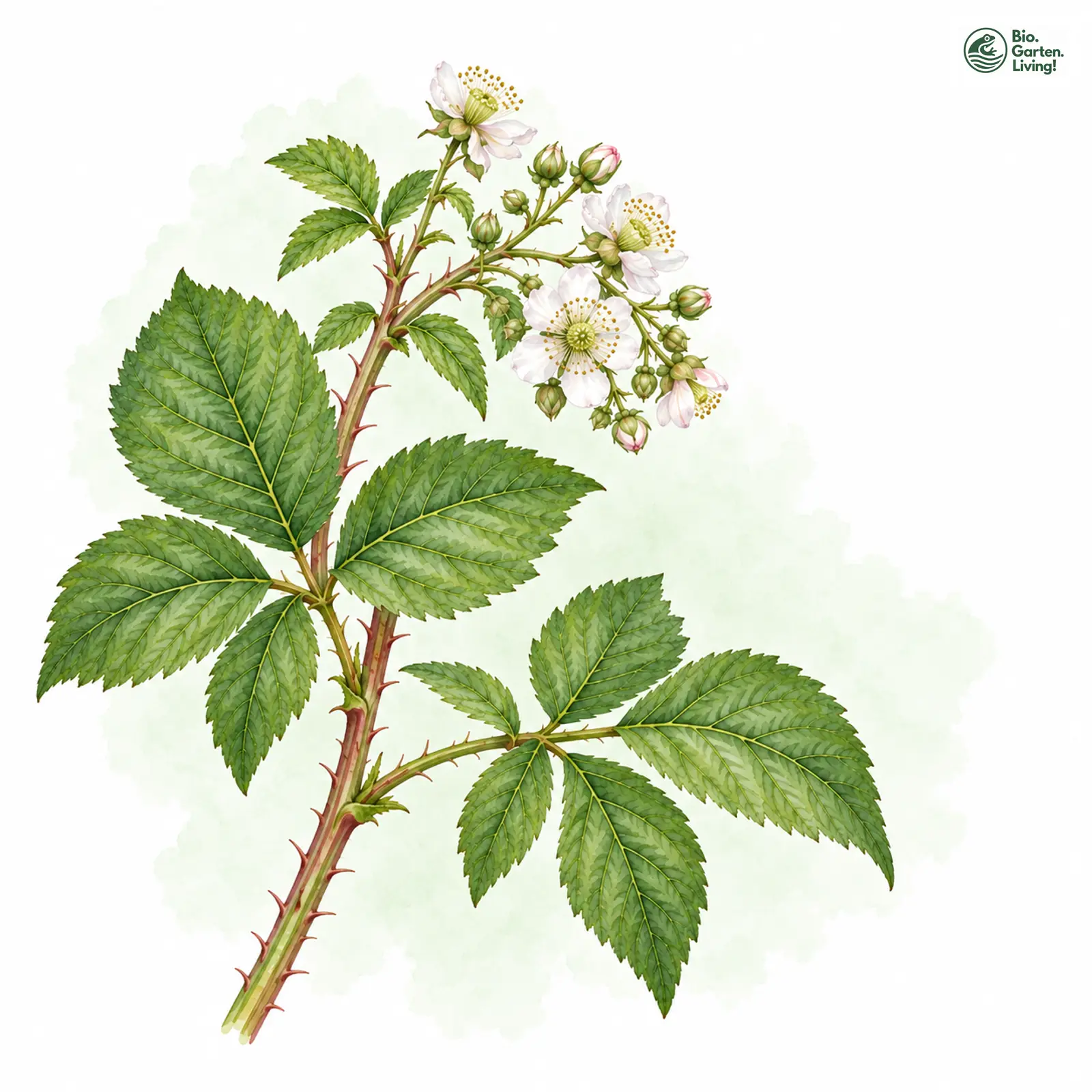 Aquarellzeichnung: Große Sparrige Brombeere (Rubus integribasis)