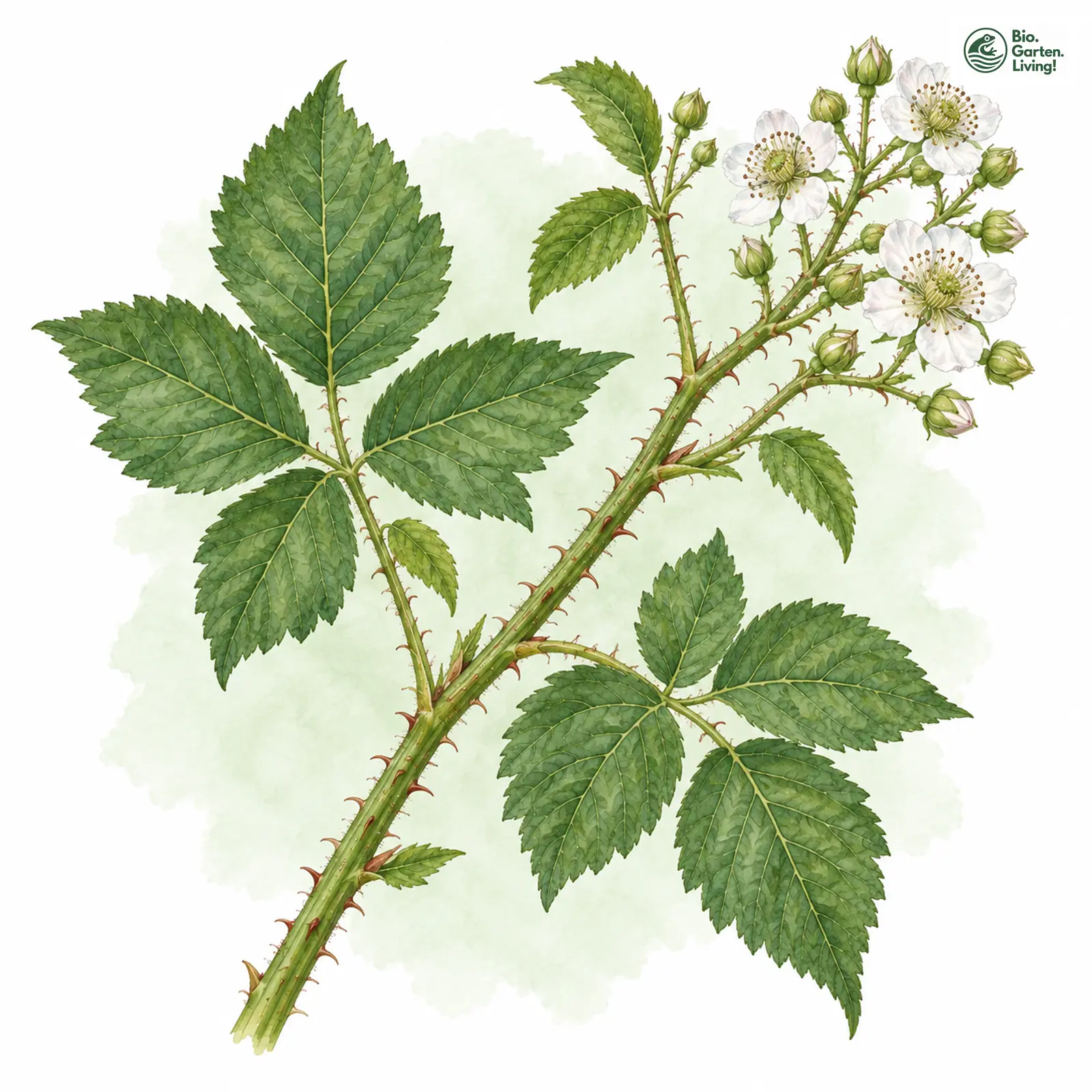 Aquarellzeichnung: Holub-Brombeere (Rubus josefianus)