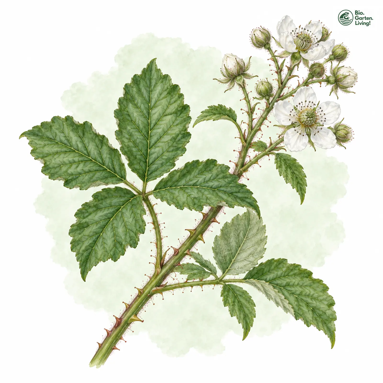 Aquarellzeichnung: Kulescha-Brombeere (Rubus kuleszae)