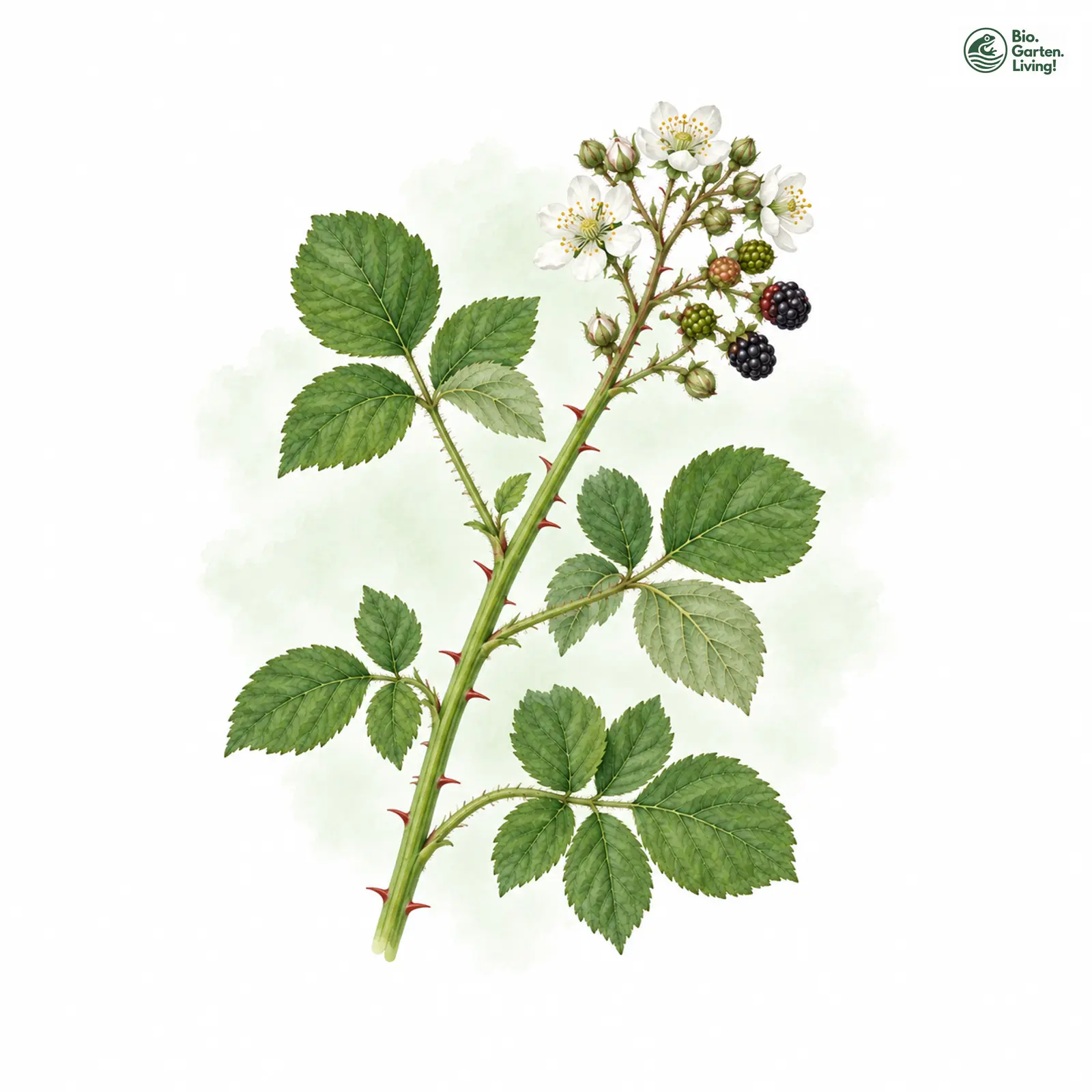 Aquarellzeichnung: Glattstänglige Brombeere (Rubus laevicaulis)