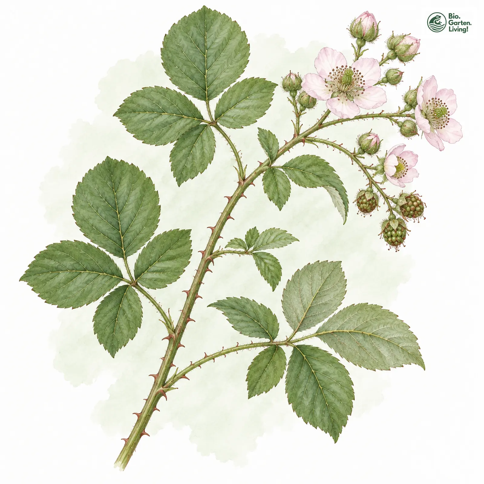 Aquarellzeichnung: Feingesägte Haselblatt-Brombeere (Rubus lamprocaulos)