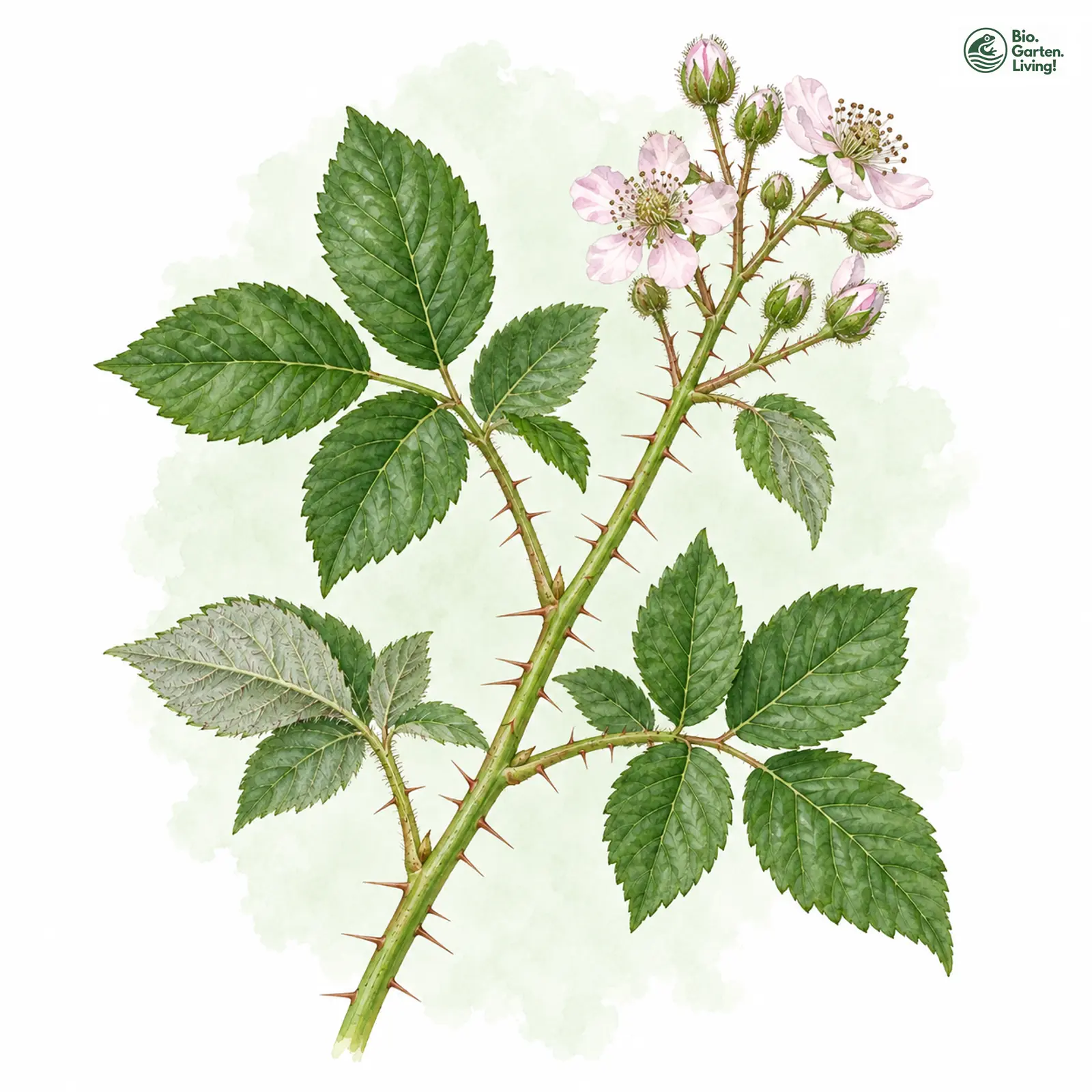 Aquarellzeichnung: Lange-Brombeere (Rubus langei)