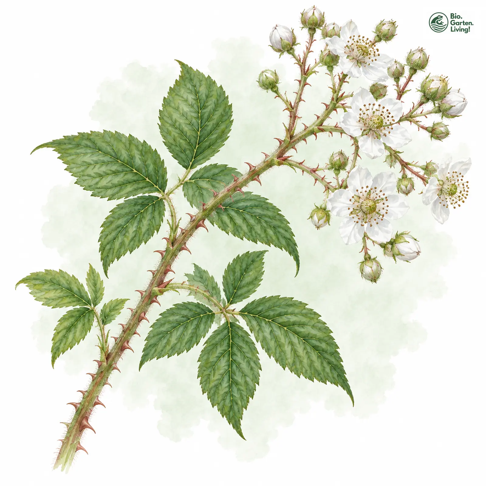 Aquarellzeichnung: Wollmännige Brombeere (Rubus lasiandrus)