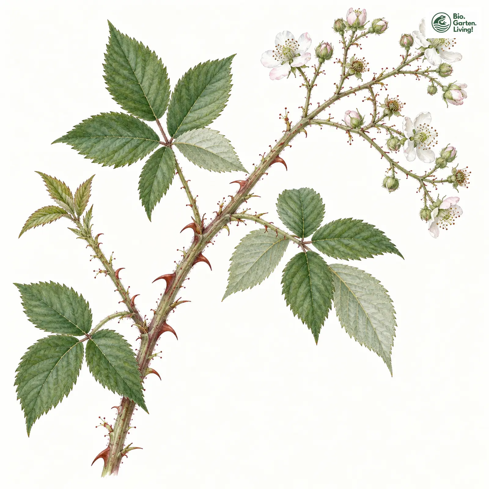 Aquarellzeichnung: Breitbogige Brombeere (Rubus latiarcuatus)