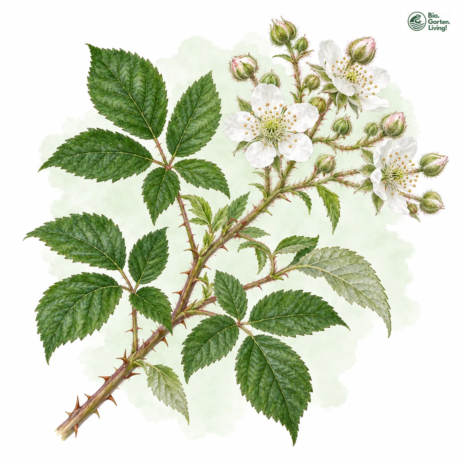 Aquarellzeichnung: Weißmännige Brombeere (Rubus leucandrus)
